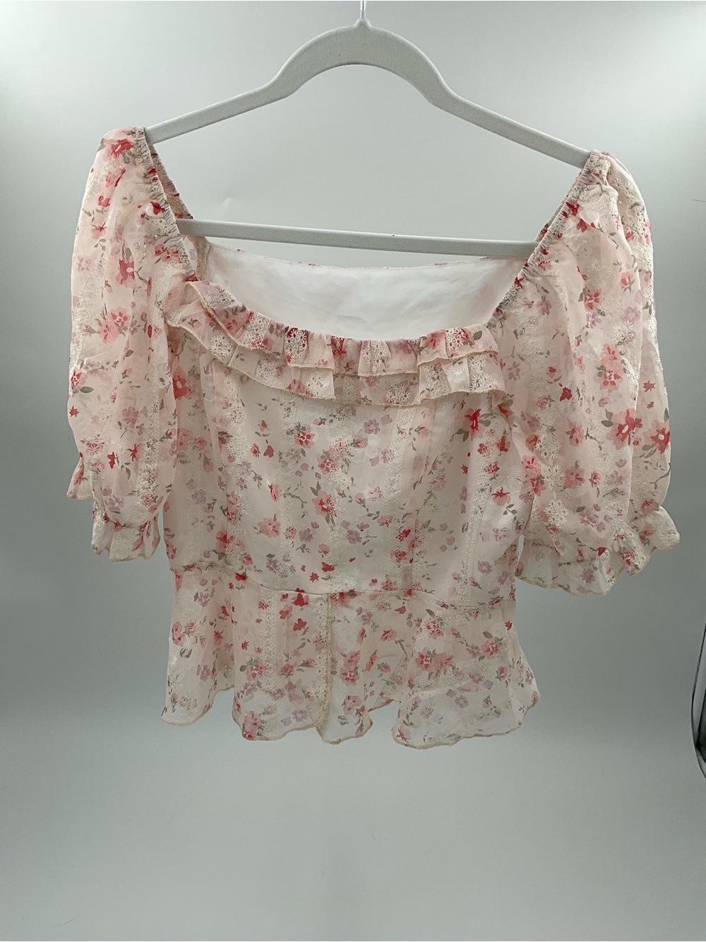 DAZY XL Floral Puff Sleeve Peplum Blouse Cottagecore Pink